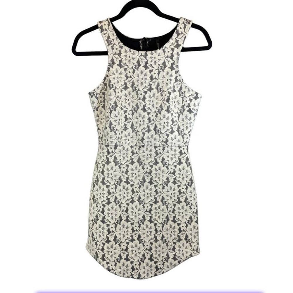 Blanc Black Dress with White Floral Lace Overlay Throughout